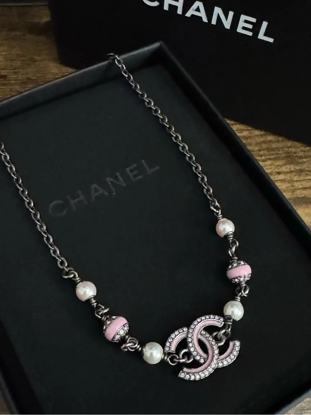 CHANEL 2025 Crystal CC Pink Pearl Gun Metal Choker Necklace